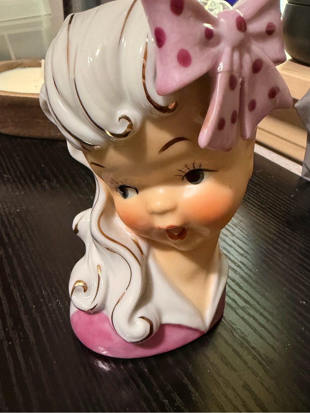 Pink Polka Dot Bow Girl Head Vase - Home Accent